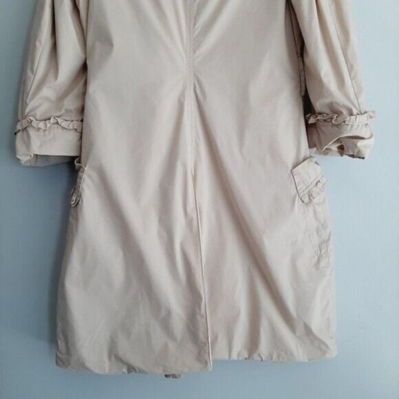 BEBE Light Short Coat Jacket w Ruffle Details Beige Sz S Flawed - Picture 10 of 15
